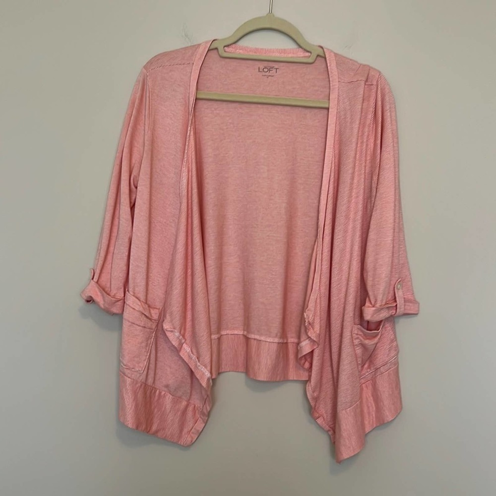 Loft Open Front Pink Stripe 3/4 Sleeve Cardigan